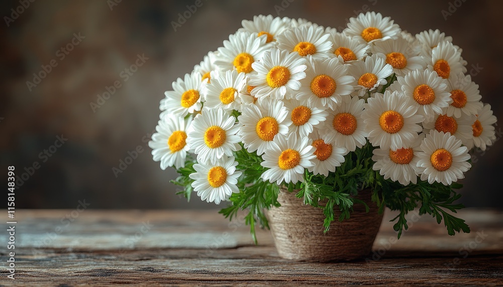 Obraz premium A rustic bouquet of white daisies in a burlap pot. Perfect for spring, summer, or Mother's Day designs.