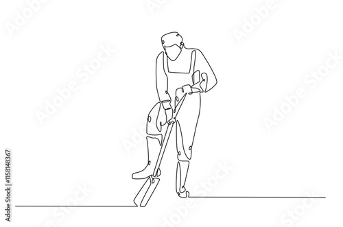 Farmer holding shovel continuous one line drawing. Farmer and farm equipment in single line art illustration. Editable vector.