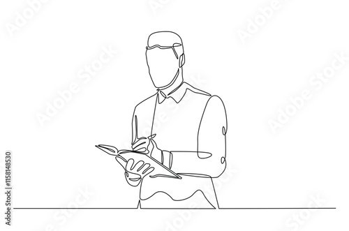 Businessman writing notes continuous one line drawing. Businessman making notes in single line art illustration. Editable vector.