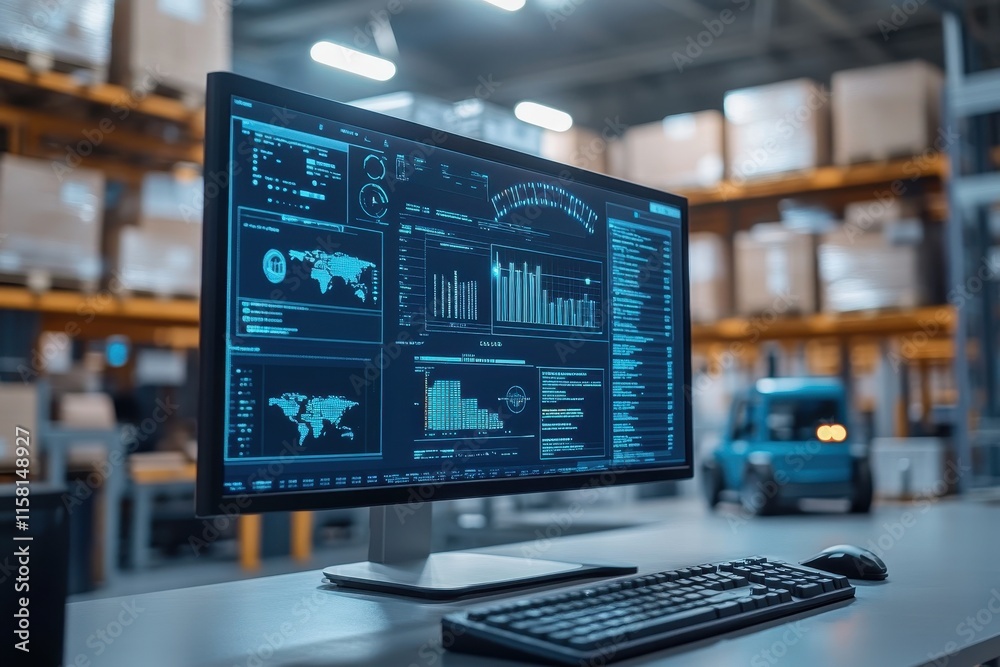Large monitor displays logistics data; graphs, charts & world map. Shows real-time inventory, shipment tracking, and global supply chain management. Large monitor displays logistics data; graphs, charts & world map. Shows real-time inventory, shipment tracking, and global supply chain management.