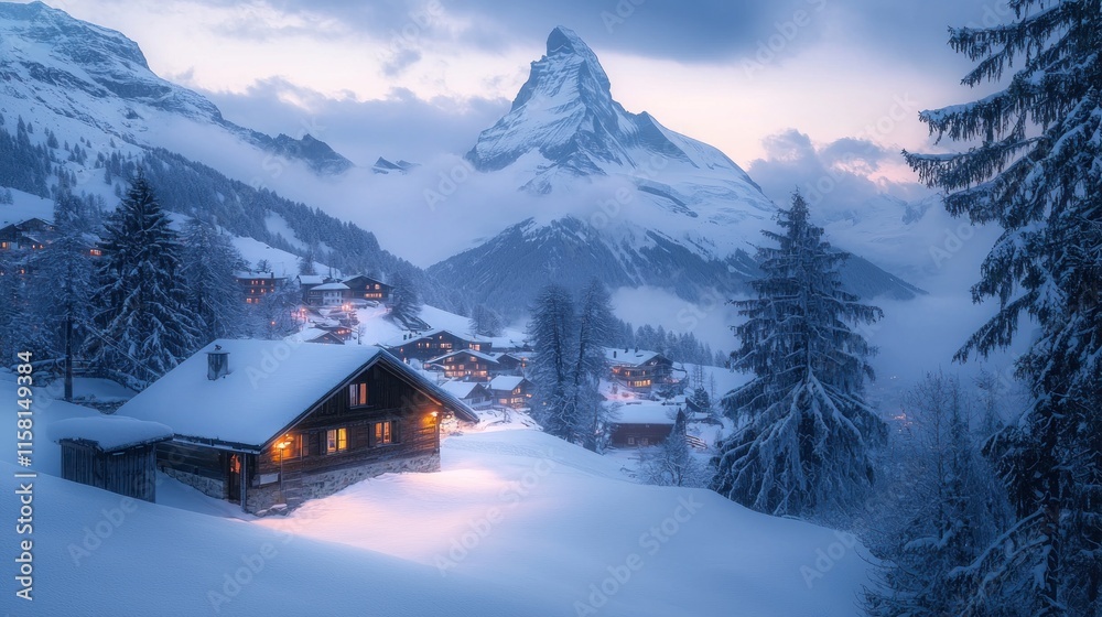 Fototapeta premium A serene winter landscape featuring a cozy cabin, snow-covered mountains, and twilight skies.