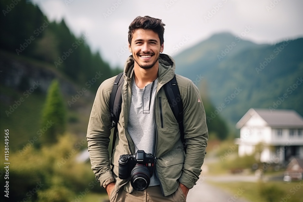 Portrait of a happy young man with camera in the mountains. Portrait of a happy young man with camera in the mountains.
