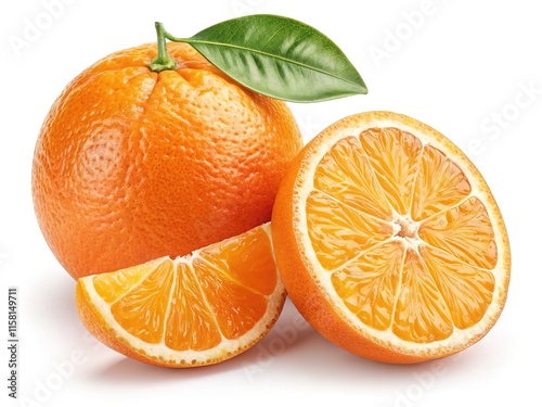 Fresh orange and slices with green leaves, vibrant and colorful on a white background.   photo