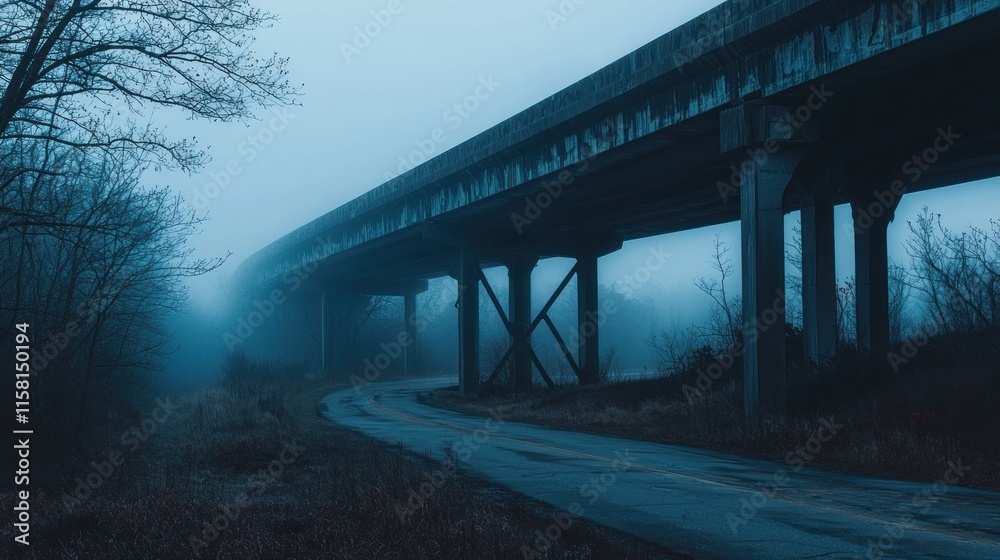 A foggy scene featuring an elevated structure over a winding road, creating a mysterious atmosphere. A foggy scene featuring an elevated structure over a winding road, creating a mysterious atmosphere.