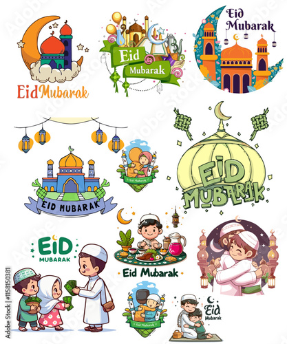 🕌 Eid Mubarak Cartoon Set
A vector collection of Eid al-Fitr and Eid al-Adha illustrations, featuring mosques, moon, ketupat, and Muslim children. Ideal for celebration, holiday, and Ramadan concepts