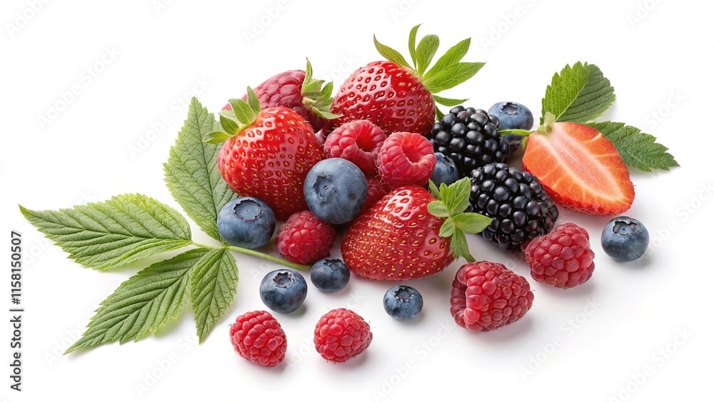 Pile of mixed berries with blueberries, raspberries, and blackberries, vibrant on a white background. Pile of mixed berries with blueberries, raspberries, and blackberries, vibrant on a white background.
