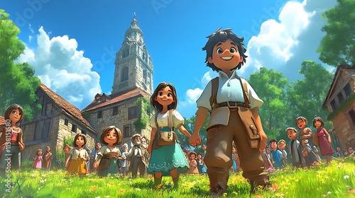 Happy children and villagers walking together in a sunny field.
