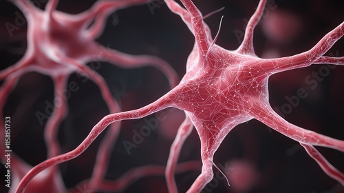 The image shows a detailed close-up of neurons, showcasing their intricate structures and interconnected network. photo