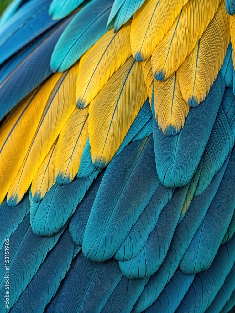 Obraz premium Close-up view reveals the stunning texture and colors of a macaw's feathers, blending blue and yellow in intricate patterns under the warm sunlight.