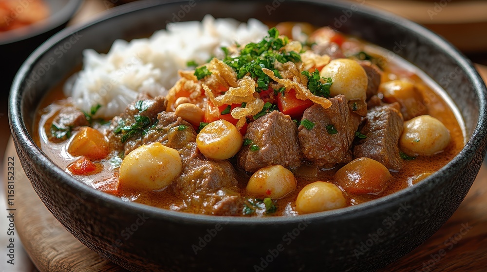 Massaman curry with tender beef chunks and roasted peanuts. Massaman curry with tender beef chunks and roasted peanuts.