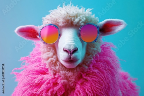 Colorful image of a funky sheep. Fashion- whimsical concept with space for text or product advertisement photo