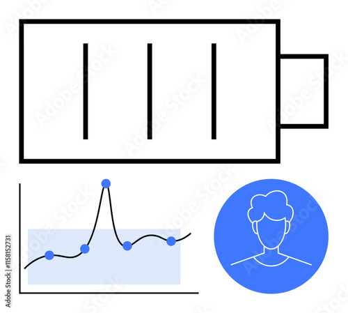 Battery icon line graph with data points user silhouette. Ideal for tech, analytics, energy, efficiency, user experience, performance, data visualization themes. Line metaphor