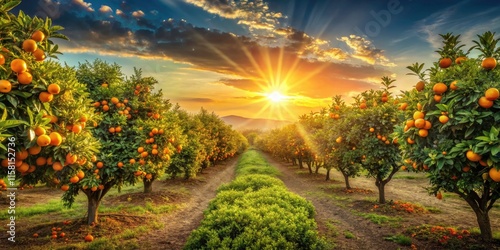 Panoramic Orange Grove Sunset, Lush Citrus Orchard Landscape, Vibrant Fruit Farm Panorama, Golden Hour Oranges
