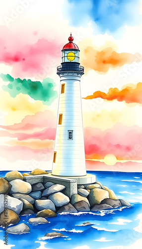 Watercolor painting of a coastal lighthouse with a vibrant sky and sea, capturing the serene beauty of the seascape and nautical charm, mindfulness theme, with white tones photo