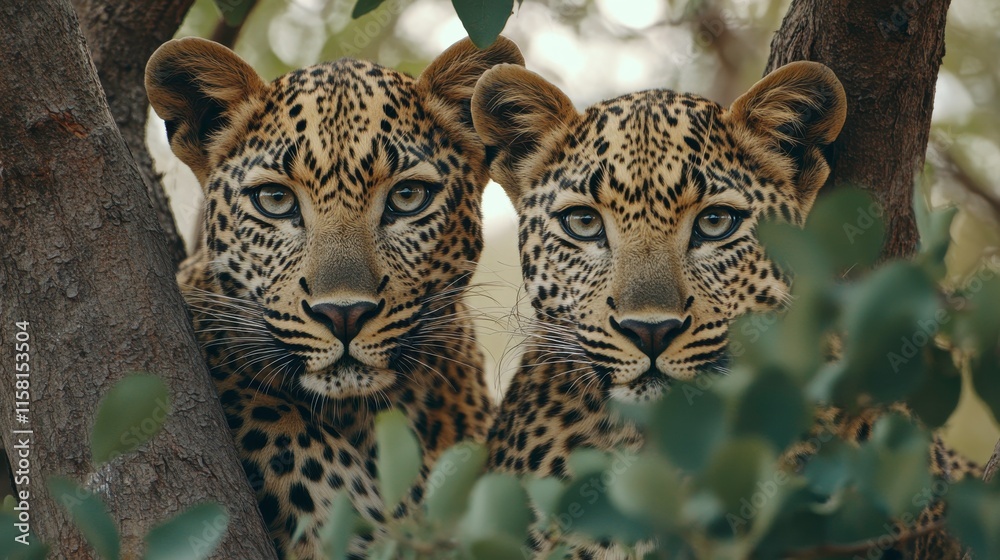Naklejka premium Hidden Leopards in Dense Forest Foliage