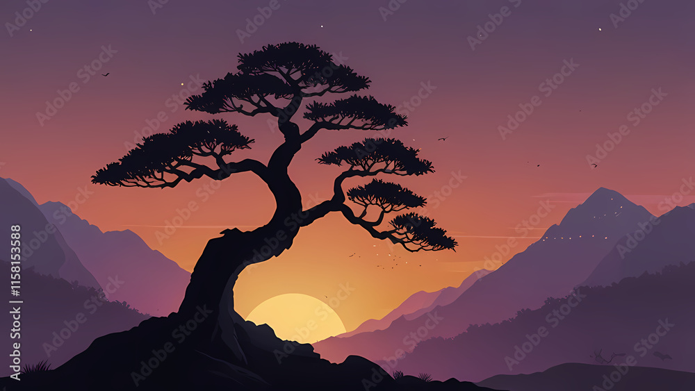 a minimalist flat illustration background featuring a bonsai tree silhouette
