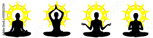 silhouette of women yoga meditation, sitting pose. relax or recreation with light shine, healthy lifestyle. Vector illustration	
