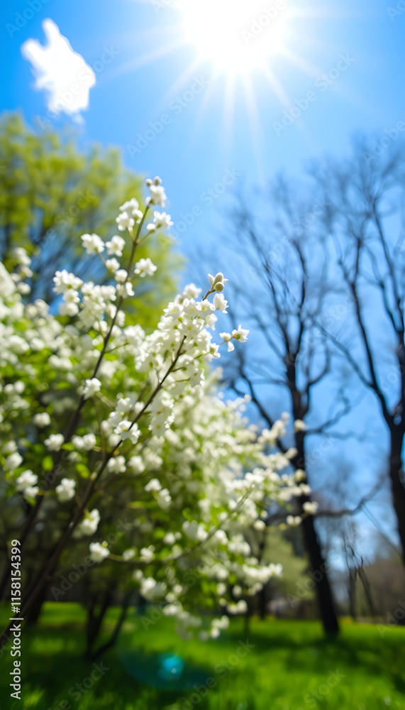 Beautiful blurred spring background nature with blooming glade, trees and blue sky on a sunny day., Side lit, with white tones Beautiful blurred spring background nature with blooming glade, trees and blue sky on a sunny day., Side lit, with white tones