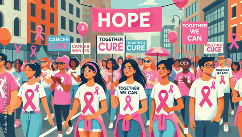 A multicultural parade in an urban setting, with participants wearing cancer awareness shirts and holding colorful banners with motivational messages like 'Hope,' 'Cure,' and 'Together We Can 