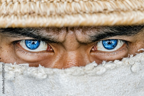 A close-up of a fighterâ€™s intense eyes beneath a straw hat, their katana drawn partially from its scabbard