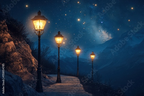 Night scene with lit lamps on snowy path, starry sky above mountains. Ideal for winter, travel, or magical themes; evokes serenity and wonder. photo