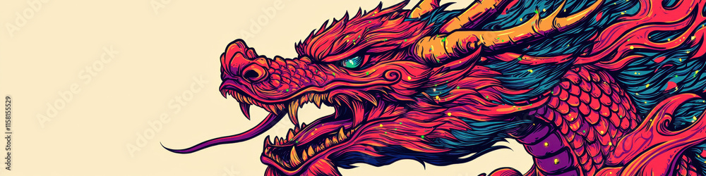Fototapeta premium Vibrant crimson dragon with emerald highlights and fierce expression