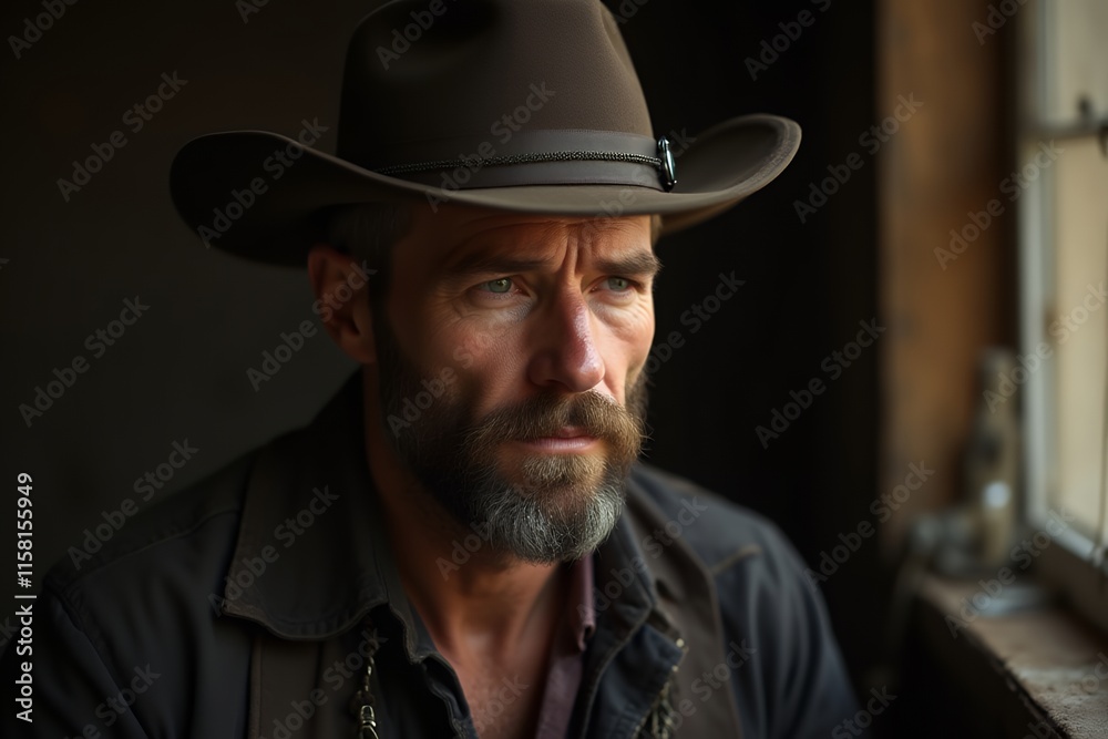Thoughtful Cowboy in Rustic Setting with Hat and Beard Thoughtful Cowboy in Rustic Setting with Hat and Beard