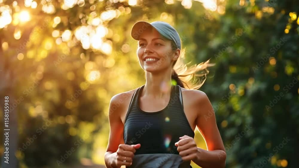 A smiling woman jogging through a sunlit park, surrounded by lush greenery and warm golden light. The image captures the essence of an active and healthy lifestyle in a serene outdoor setting