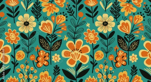 Wallpaper Mural "Whimsical Folk Art Floral Pattern on Turquoise" Torontodigital.ca