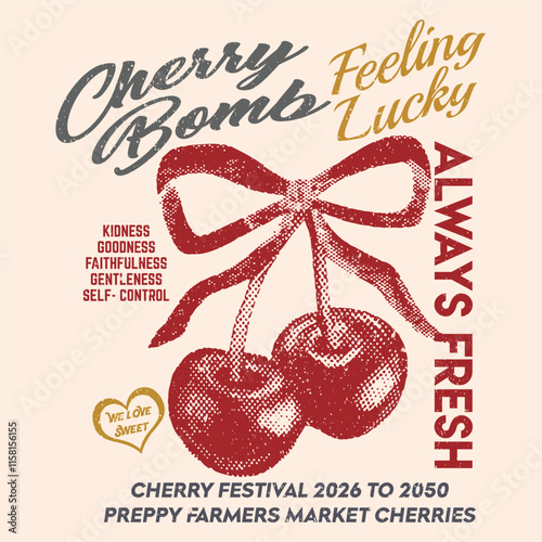 watercolor effects Cherry fruit , hand writing text slogan ..cherry Bomb and feeling lucky, vintage graphics print art, women's fashion design for fruit print trend , summer t-shirt design, sweatshirt