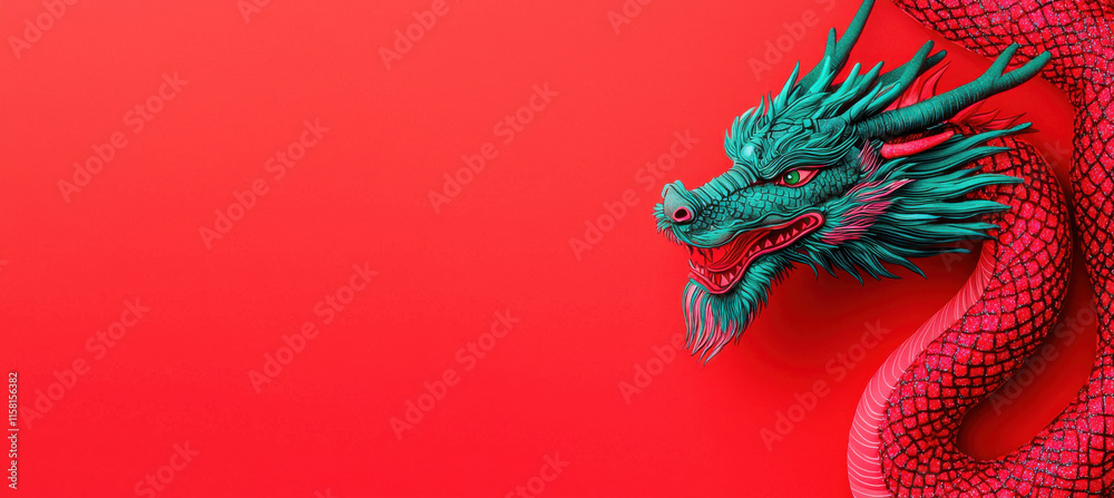 Fototapeta premium Vibrant dragon with emerald highlights on red background