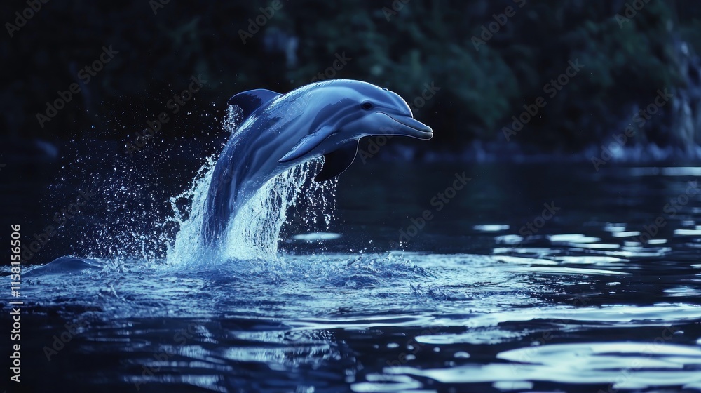 Obraz premium A dolphin leaps gracefully from the water, creating splashes against a serene, dark backdrop.