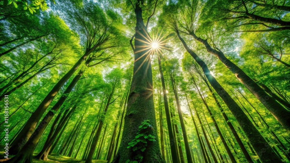 Sun Dappled Forest: Midday Sunlight Through Tall Trees, Lush Green Canopy, Nature Photography, Woodland Scene Sun Dappled Forest: Midday Sunlight Through Tall Trees, Lush Green Canopy, Nature Photography, Woodland Scene