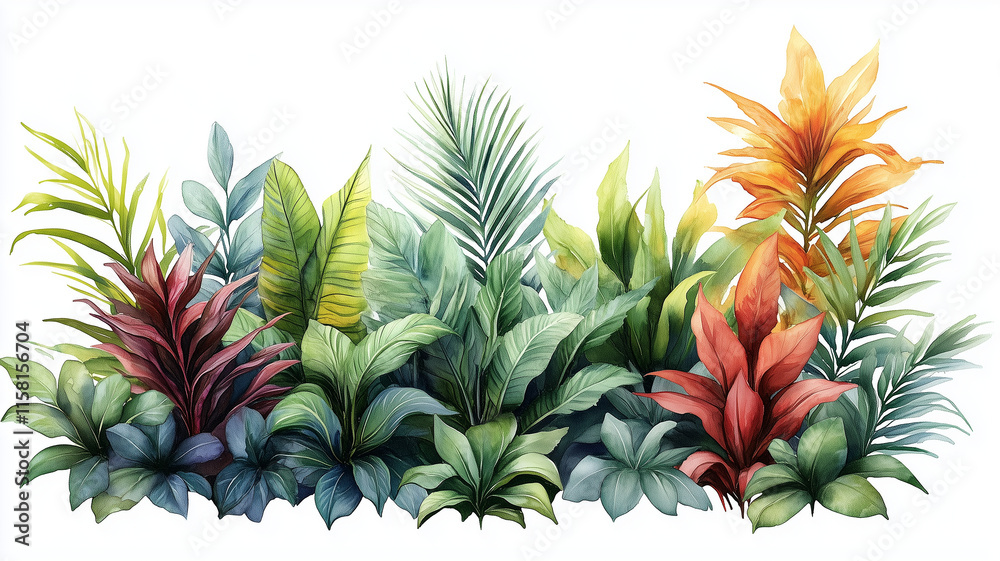 Fototapeta premium Tropical Rainforest Jungle Plants in Watercolor on White Background | monstera | Hibiscus | pothos | palm leaves