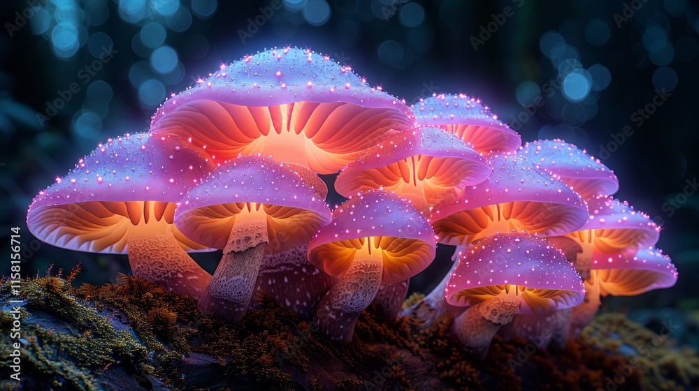 Glowing pink mushrooms cluster in dark forest. Glowing pink mushrooms cluster in dark forest.