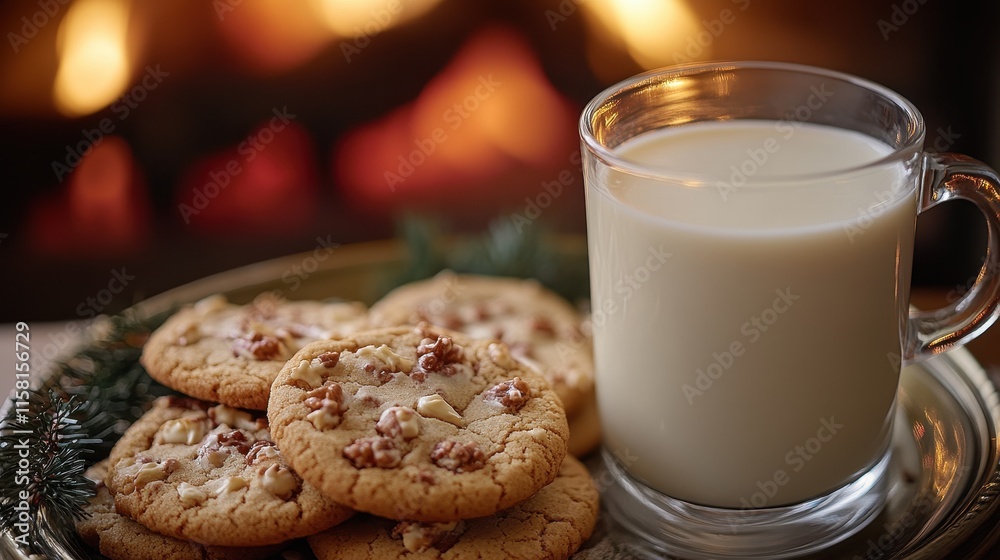 Milk and cookies served on a tray by a cozy fireplace setting. Milk and cookies served on a tray by a cozy fireplace setting.
