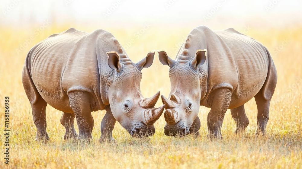 Fototapeta premium Rhinos Grazing in Soft Midday Light on Grassland