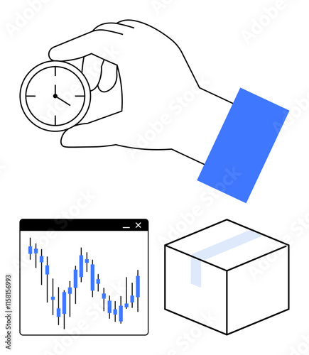 Hand holding clock alongside financial graph and box. Ideal for concepts in time management, investment, productivity, delivery services, trade, financial planning, and logistics. Line metaphor