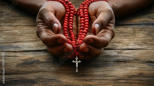 Hands holding red prayer beads with a silver cross against a wooden background, symbolizing faith and spirituality. photo