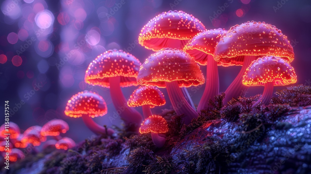 Glowing red mushrooms cluster on forest floor, illuminated by soft purple light. Glowing red mushrooms cluster on forest floor, illuminated by soft purple light.