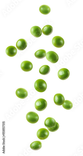 Fresh green peas falling in mid air isolated on transparent background