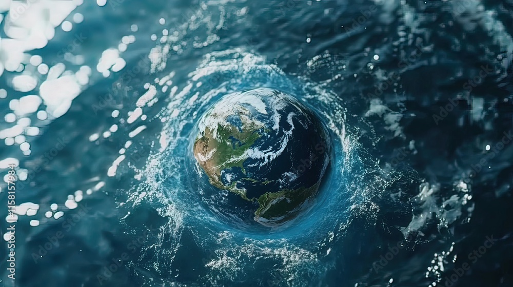 Earth globe partially submerged in ocean water, showing continents and swirling waves. Earth globe partially submerged in ocean water, showing continents and swirling waves.