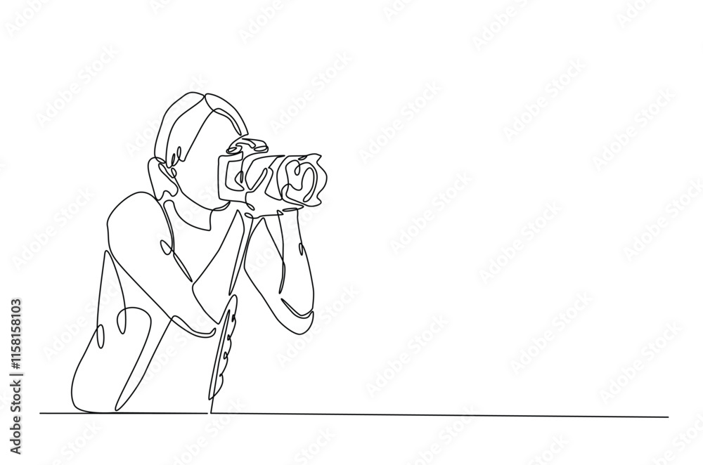 Fototapeta premium Photographer holding camera in continuous one line drawing. Single line art illustration of woman hold camera. Hobby and photographer's day concept. Editable vector.