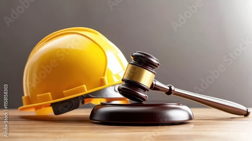 Hard Hat and Gavel on Table Signifying Fair Labor Law Judgments and Advocacy for Workers' Rights in Industrial Settings