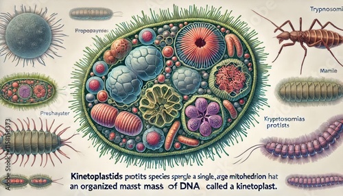 Kinetoplasts Protists called kinetoplasts have a large mitochondria that contains an organized mass of DNA called a kinetoplast. photo