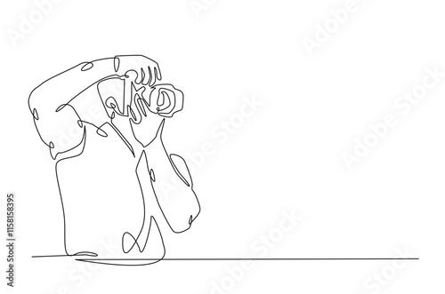 Photographer holding camera in continuous one line drawing. Single line art illustration of man hold camera. Hobby and photographer's day concept. Editable vector.