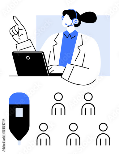 Doctor with headset and laptop, glucometer device, six patient icons. Ideal for telemedicine, online consultation, diabetes care, patient management, medical technology, healthcare, virtual