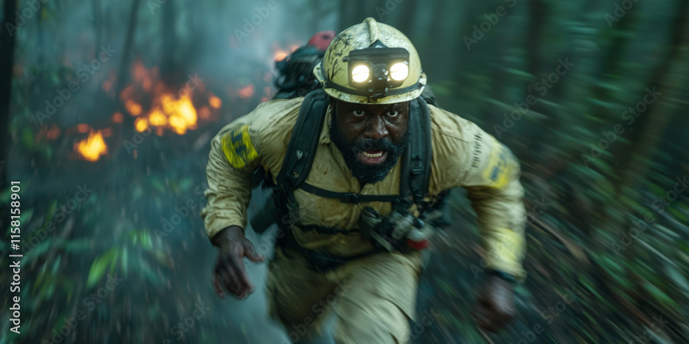 Fototapeta premium Firefighter in Intense Escape from Forest Fire