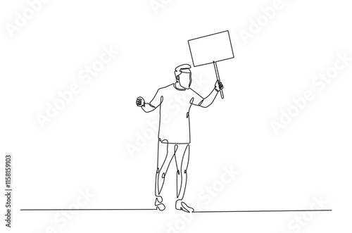 Man holding and lifting empty boards in continuous one line drawing. protesters lifting empty boards in single line art illustration. Editable vector.