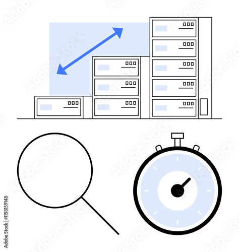 Bar chart represented by buildings magnifying glass, and stopwatch. Ideal for growth analysis, performance metrics, business development, time management, efficiency, research, and strategic